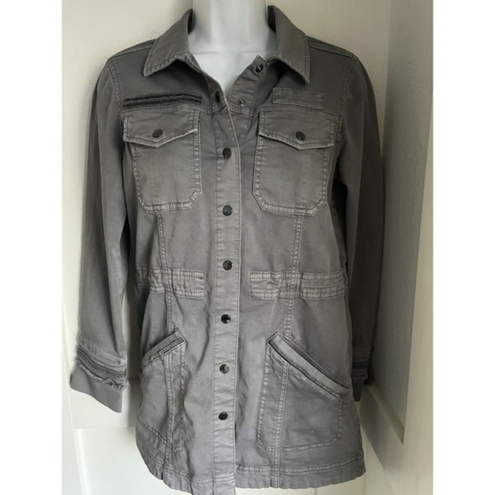 White House Black Market Military Jacket Gray Denim Stretch Womens XSP XS Petite